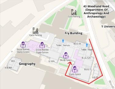 A map showing the location of the IT Counter at the rear entrance to the Fry Building